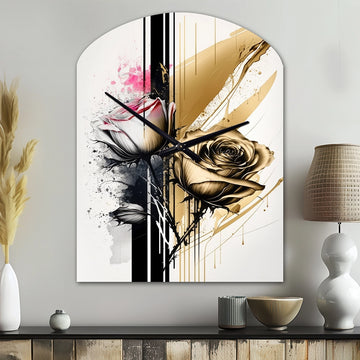 Roses Flow Flower On Golden Beige Paint V - Asymmetric Metal Wall Clock